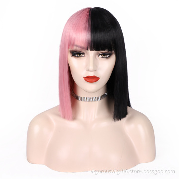Black And Pink Girl's Colorful Hair Short Straight Wave Wigs With Bangs For Women Synthetic None Lace Bob Wig Shoulder Length
